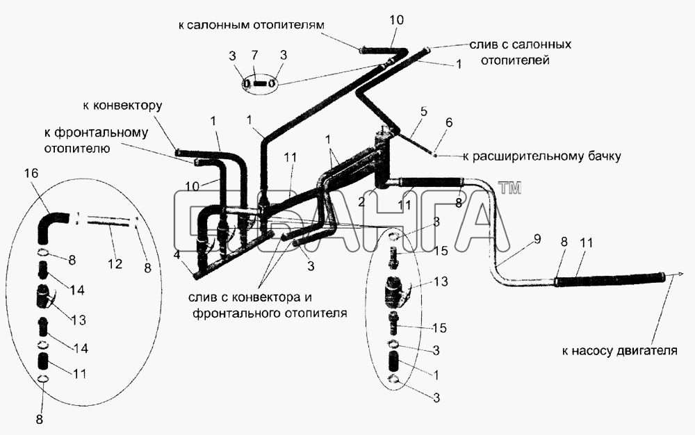 АМАЗ МАЗ-105 Схема Установка системы топления в моторном banga.ua